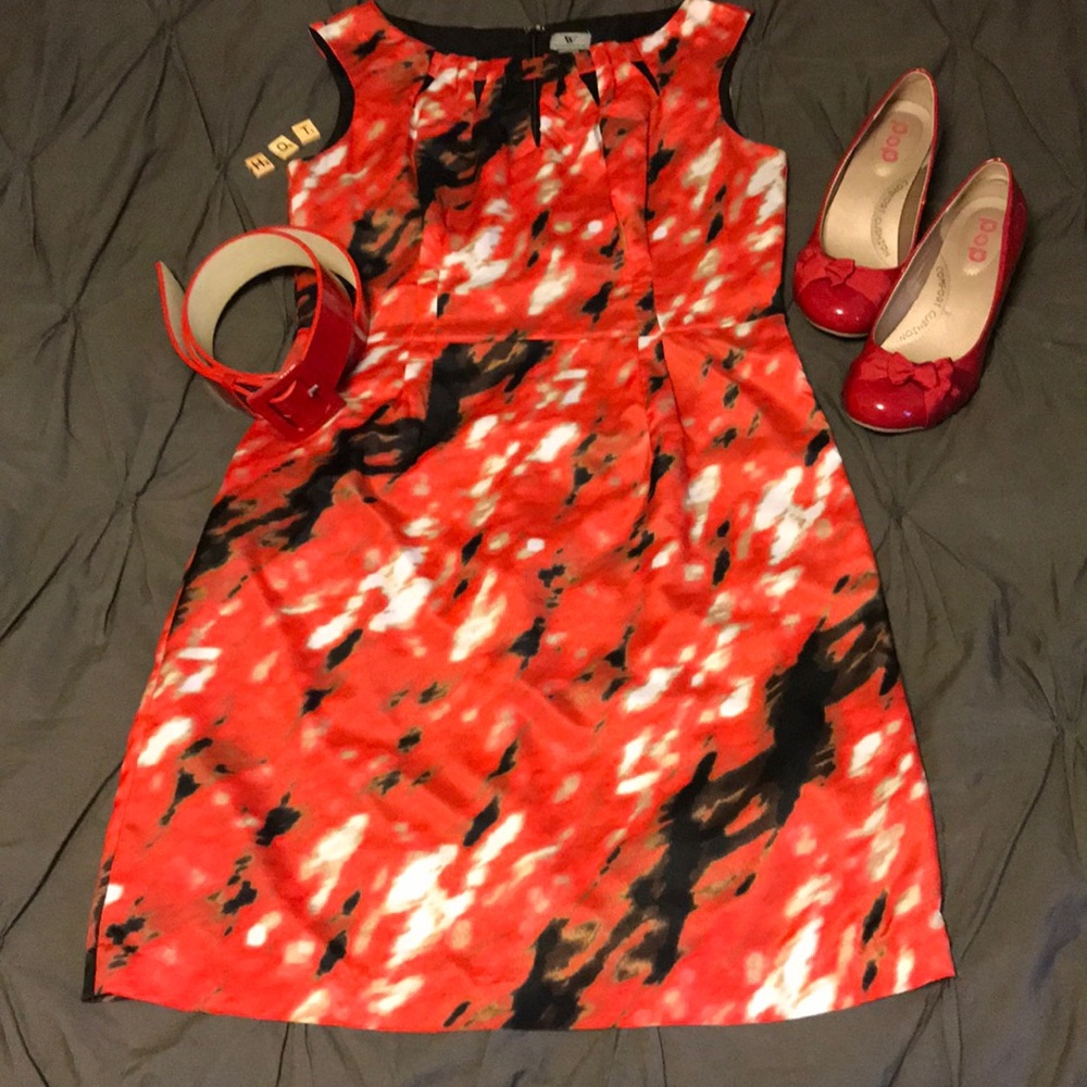 Sultry or Serious, red/black/tan/white pencil dress with cute collar cutouts